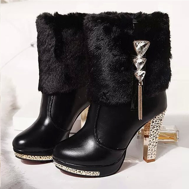 Ankle Women's White Fur with Heels Rhinestone Faux - Boots