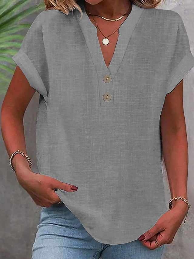 Women's Blouse Buttons Solid Color Stylish Casual Short