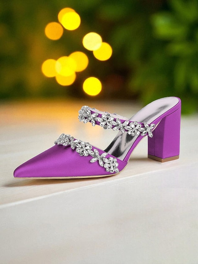 Block Heel Floral with Women's Black Mules Satin Rhinestone