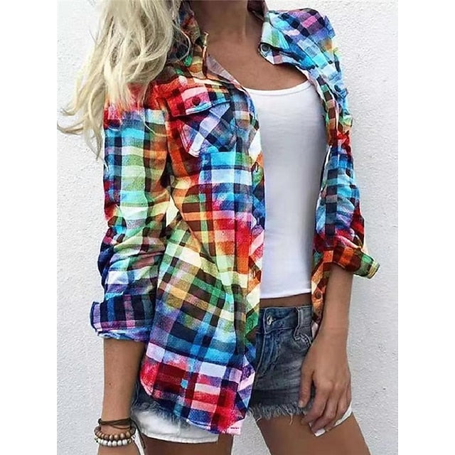Women's Shirt Blouse Shacket Yellow Red Blue Plaid Color