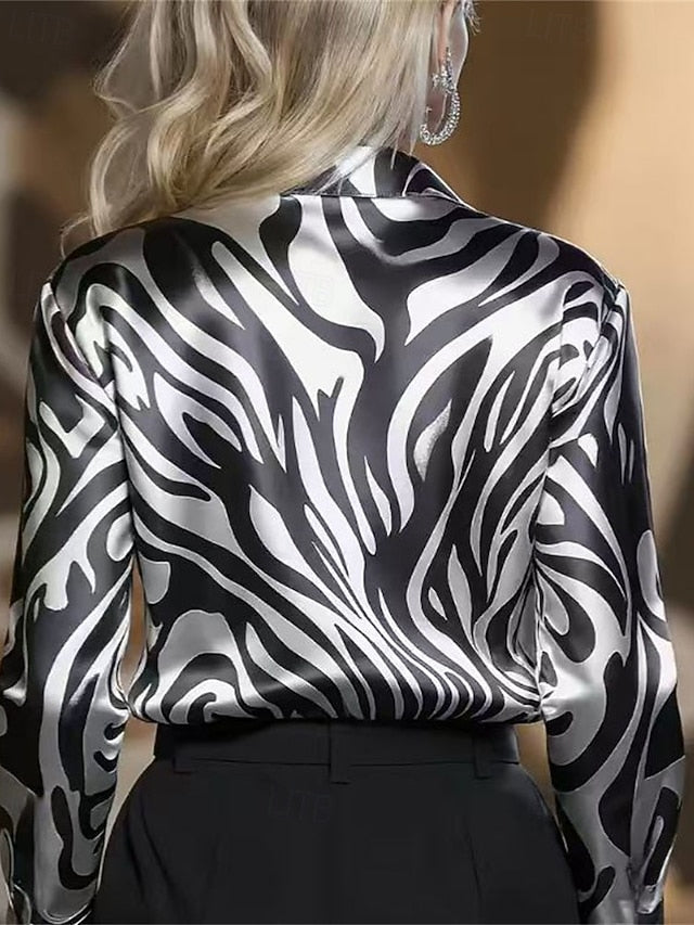 Women's Shirt Elegant Satin Top Blouse Ruched Buttons Print