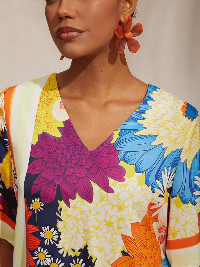 Satin Floral Print Midi Dress Travel Vacation Casual