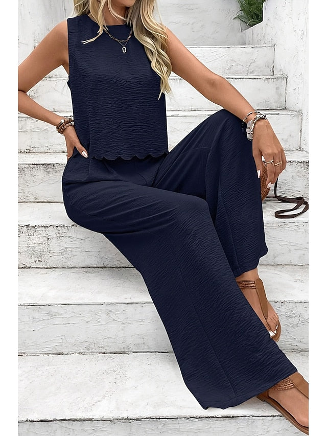 Women's Blouse Pants Sets Sleeveless Crew Neck Solid Color