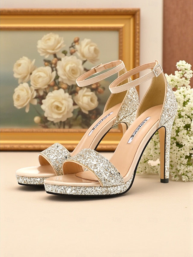 High Sandals Ankle Heel Strap with Women's Silver Glitter