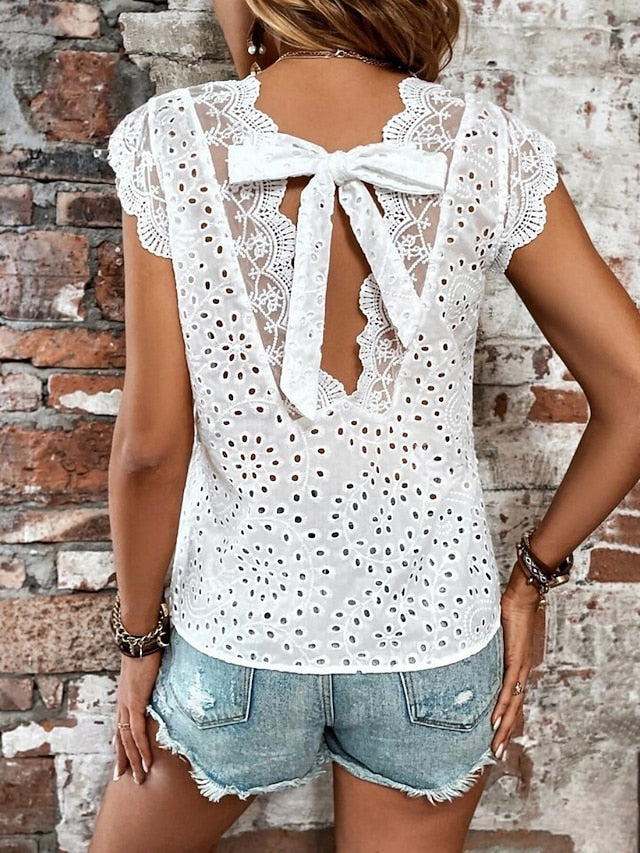 Women's T Shirt Lace T-shirt Tee Top Lace Bow Plain Fashion
