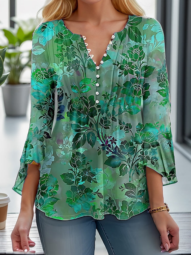 Women's T Shirt Henley Blouse Fashion Floral Buttons Print