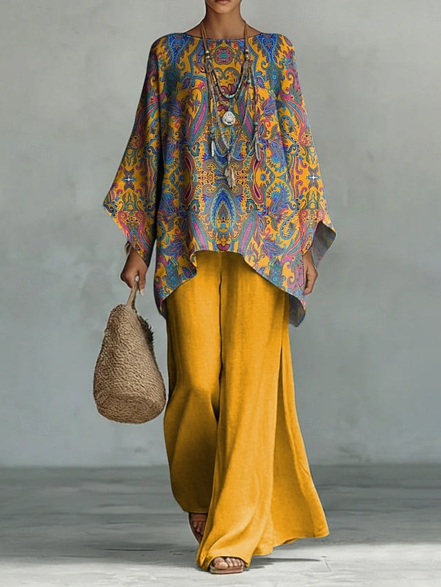 Women's Pants Sets Long Sleeve Round Neck Floral Graphic
