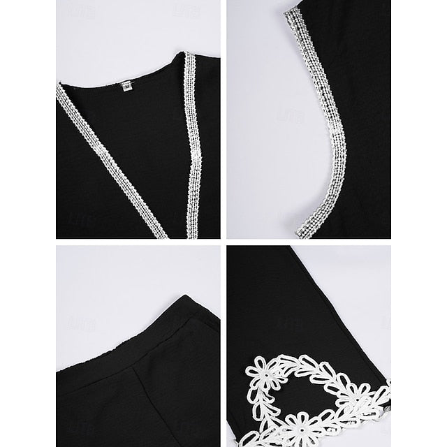 Women's Shirt Pants Sets Sleeveless V Neck Solid Color Lace