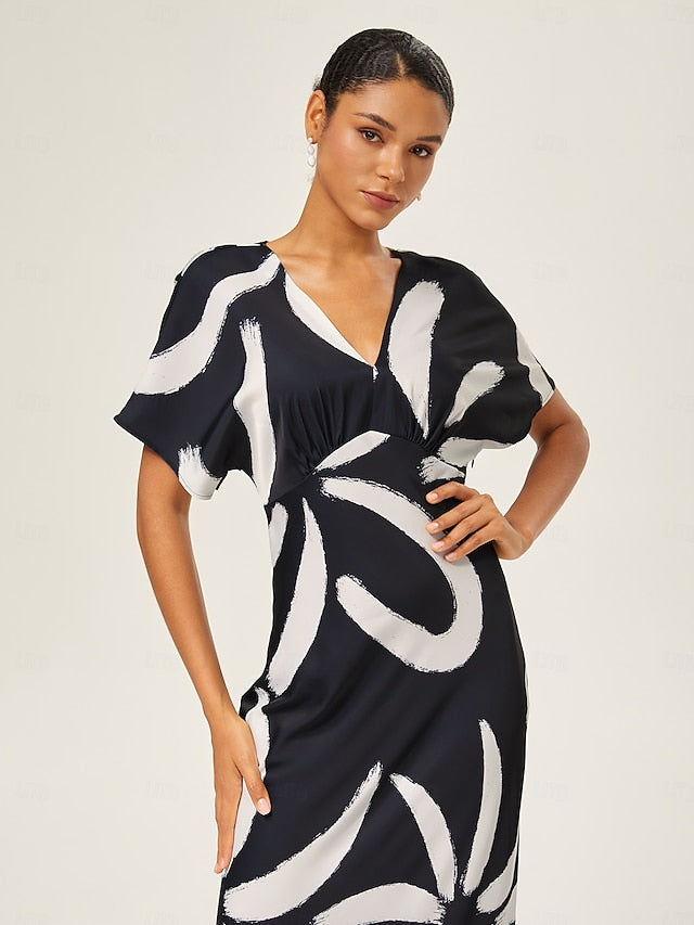 Women's Maxi Dress Black White Short Sleeve Abstract V Neck