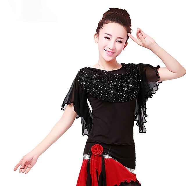 Latin Dance Ballroom Dance Sparkle Top Ruffles Pure Color
