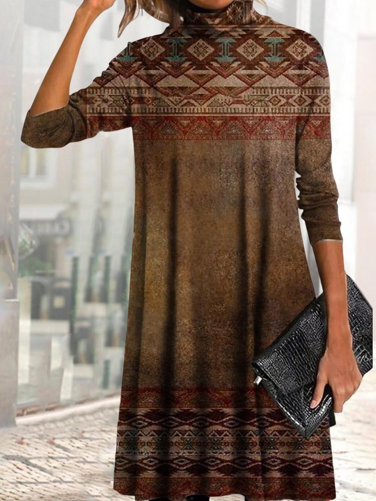 Folk Print Pile Collar Loose Long Sleeve Dress WJ118 - fabuloryshop