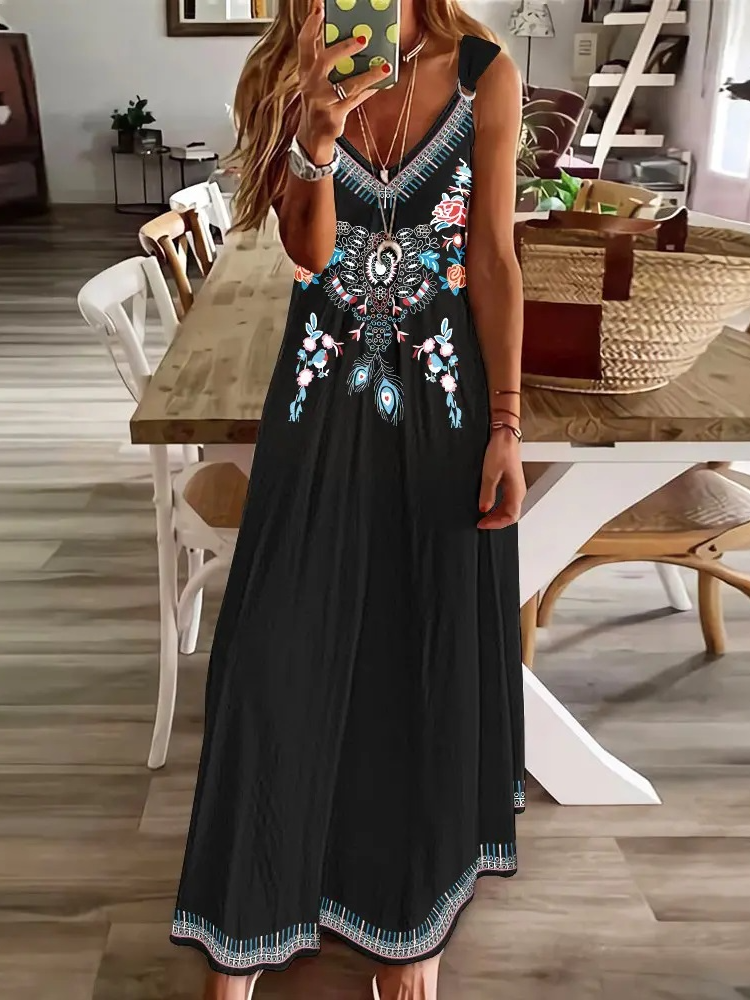 Ethnic V Neck Loose Casual Dress WT61 - fabuloryshop