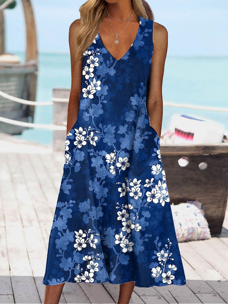 Vacation V neck Regular Fit Floral Dress QPQ116 - fabuloryshop