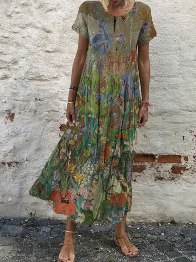 Round Neck Floral Vacation Midi Dress WO98 - fabuloryshop