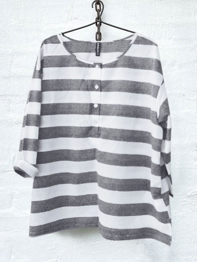 Linen Half Open Collar Cotton And Linen Buttoned chambray distressed patchwork top WW75 - fabuloryshop