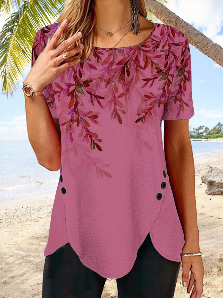 JFN Women Round Neck Short Sleeve Leaf Print Buttoned Holiday Tunic T-Shirt cc181 - fabuloryshop