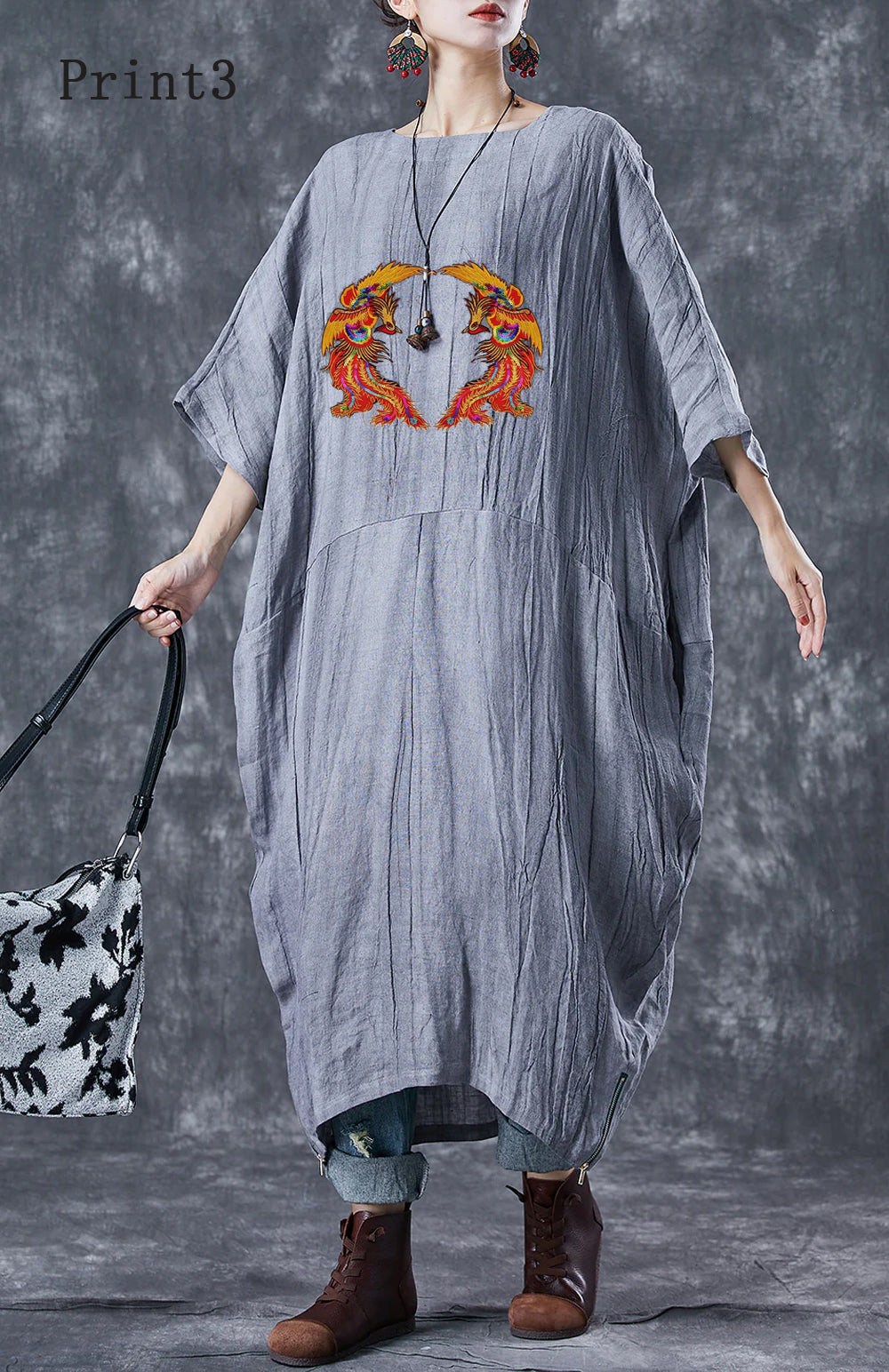 French Grey Oversized Patchwork Linen Dresses Batwing Sleeve Ada Fashion