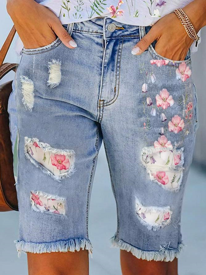 Floral Denim Loose Casual Denim Shorts QB119 - fabuloryshop