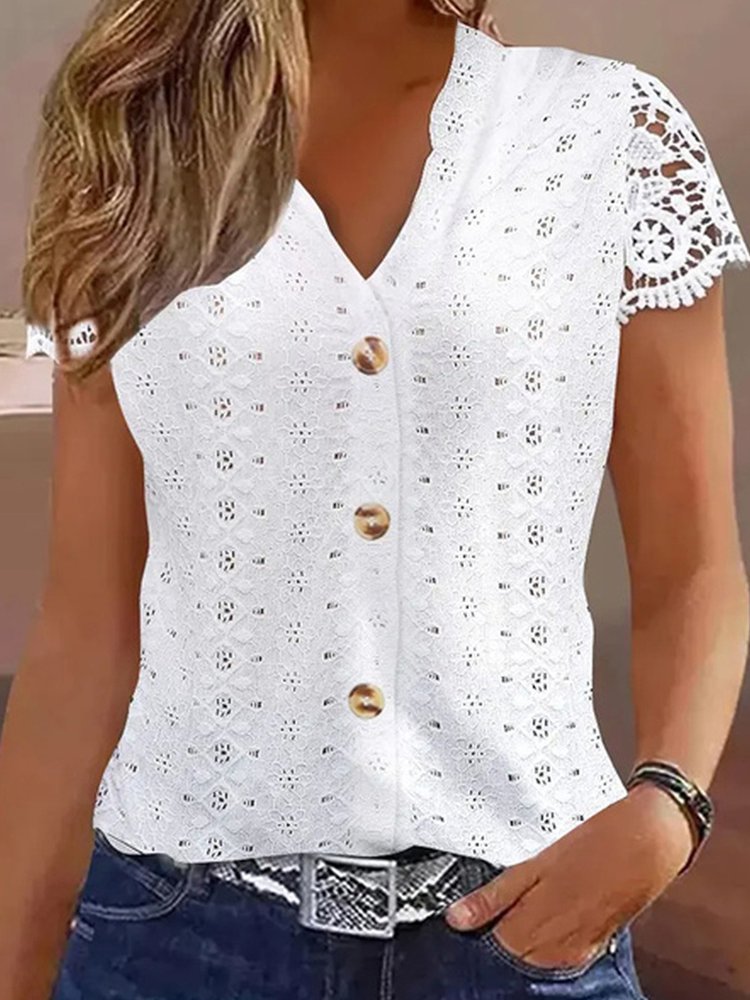 Loose Casual Lace V Neck Blouse QH79 - fabuloryshop