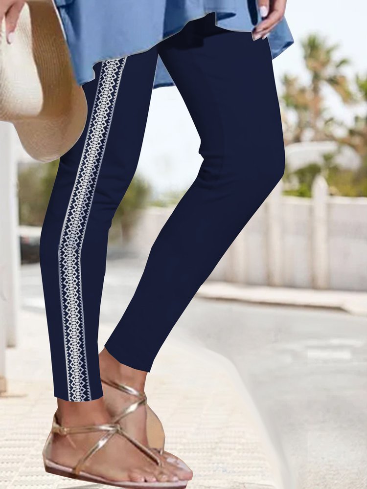 Dark blue folk flower elastic waist Leggings QS75 - fabuloryshop