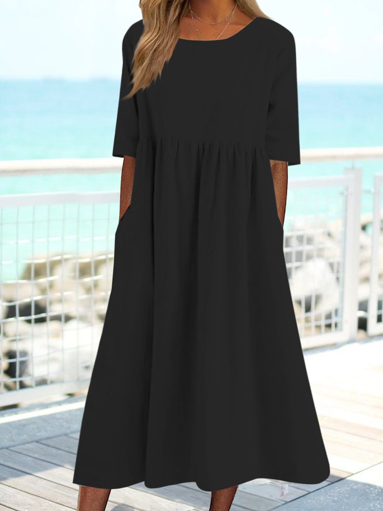 Crew Neck Plain Loose Pocket Long Midi Dress QPQ103 - fabuloryshop