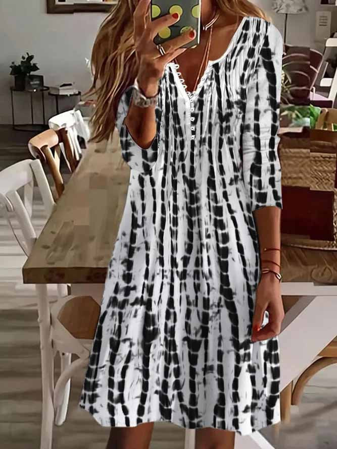 V Neck Geometric Casual Autumn Natural Daily A-Line Dress QPQ104 - fabuloryshop