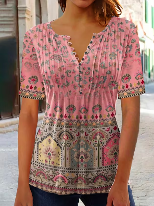 Loose V Neck Vacation Ethnic Shirt WG95 - fabuloryshop