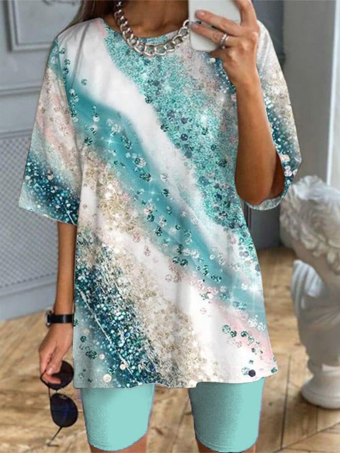 Blue Gradient Loose Knit T-Shirt & Pants Two-Piece Set QF92 - fabuloryshop