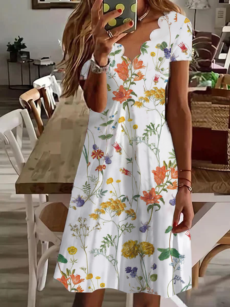 Loose Floral V Neck Casual Dress With No WL105 - fabuloryshop