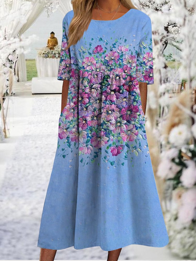 Oil painting flower gradient series X-shaped a-hem loose Long Dress Plus Size WL98 - fabuloryshop