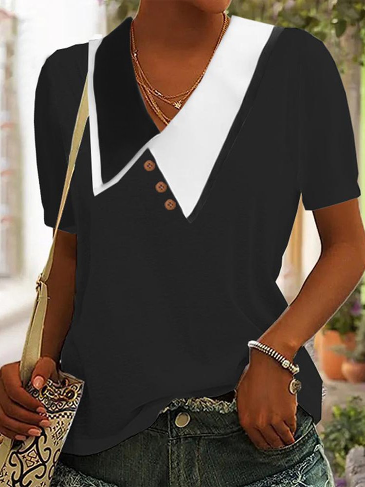 Loose Casual Color Block Shawl Collar T-Shirt WZ94 - fabuloryshop