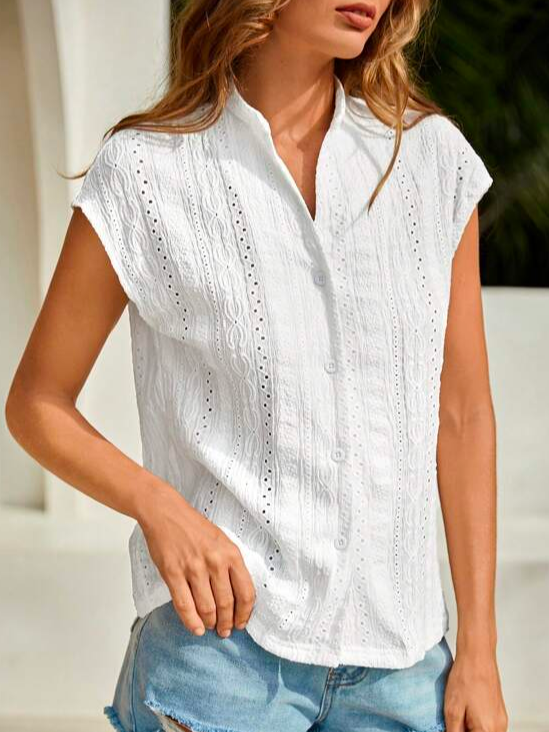 Casual Geometric Eyelet Embroidery Batwing Sleeve Button Front Shirt WZ110 - fabuloryshop