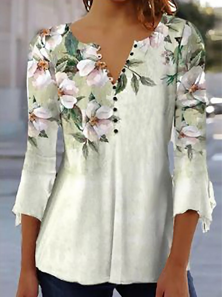 V Neck Elegant Floral Regular Fit Shirt mm288 - fabuloryshop