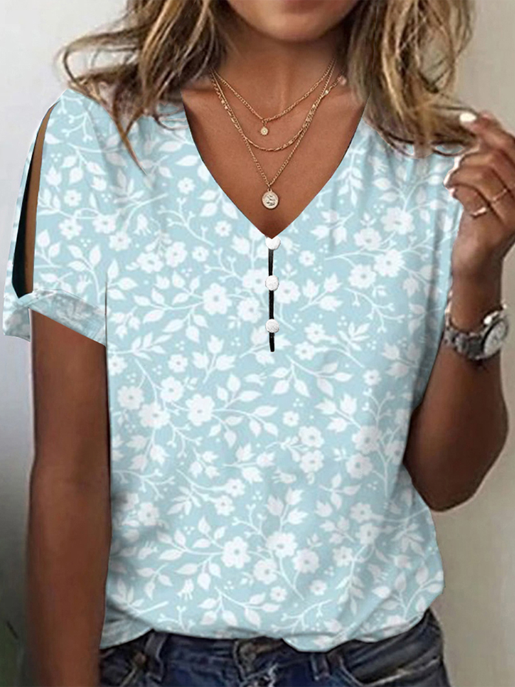 Loose Casual V Neck Floral T-Shirt WW109 - fabuloryshop