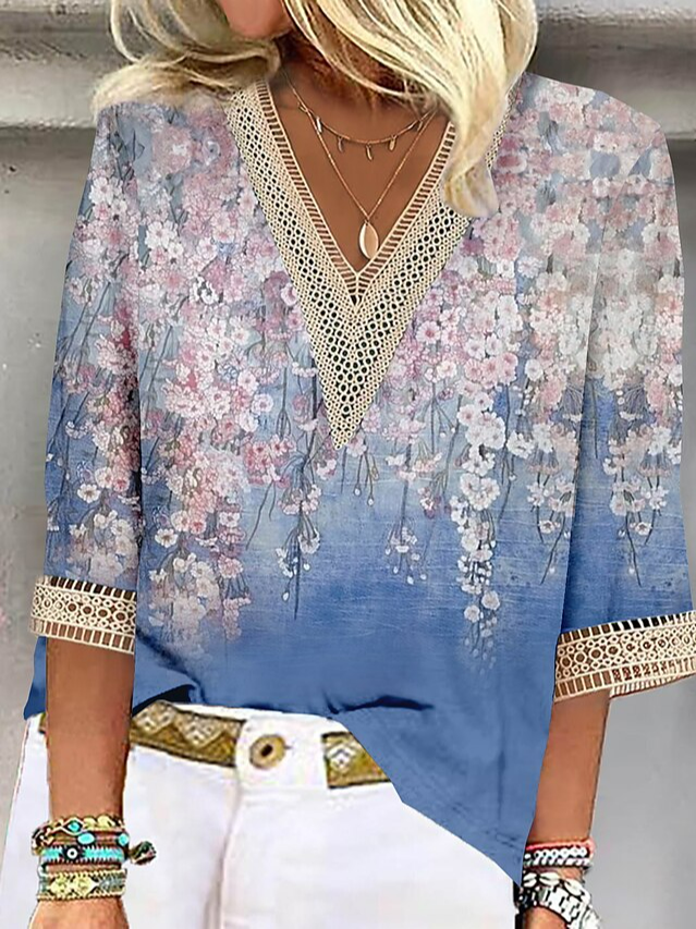 Casual Loose Floral V Neck Shirt WI79 - fabuloryshop