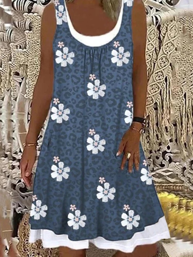 Floral Casual Patchwork Loosen Sleeveless A-line Dress QD51 - fabuloryshop