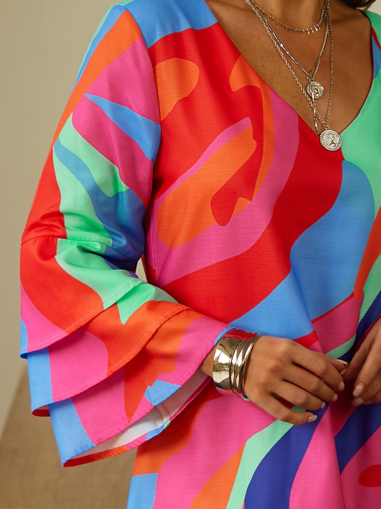 Casual Loose V Neck Color Block Dress WC101 - fabuloryshop