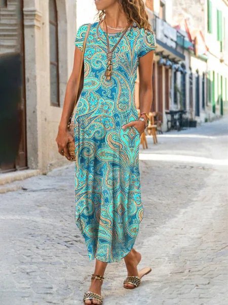 Cotton-Blend Paisley Vintage Dress QX62 - fabuloryshop