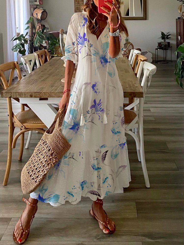 Women's Shift Dress Maxi Dress half Sleeve Floral Print Summer Fall V Neck Casual Dress QPQ63 - fabuloryshop