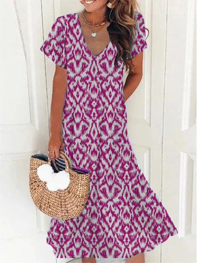 Casual V Neck Geometric Short Sleeve Loose Dress QA54 - fabuloryshop
