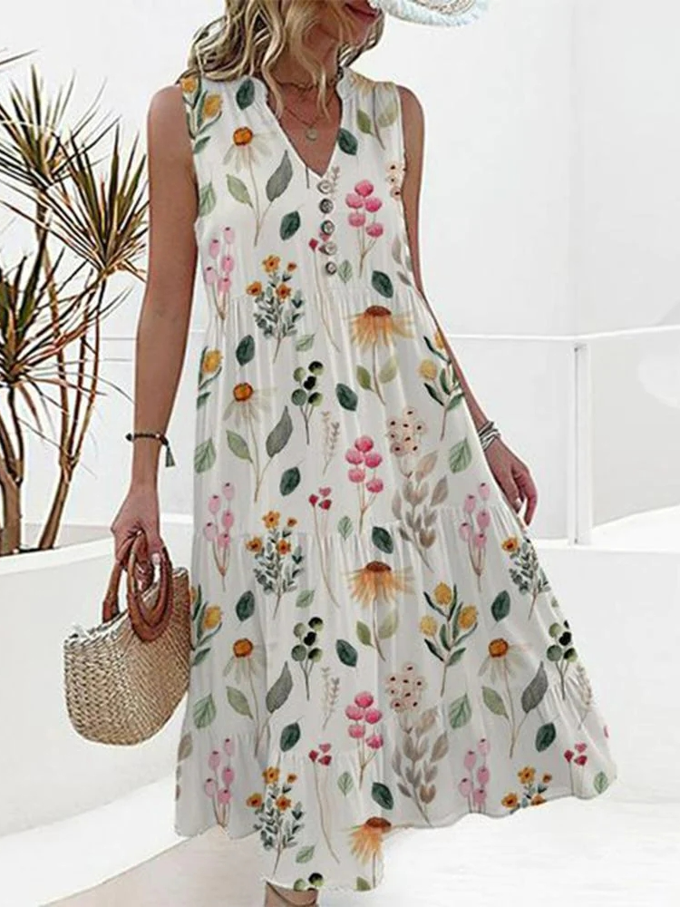 Casual Cotton V Neck Floral Dress WC96 - fabuloryshop