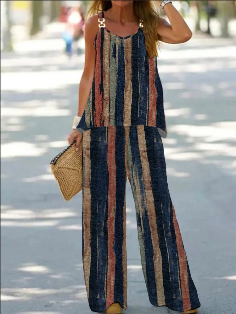 Striped Sleeveless Spaghetti Casual Grommets Two-Piece Set QF107 - fabuloryshop