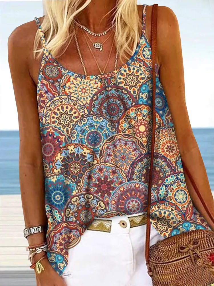 Geometric Tribal Floral Printed Vacation Boho Casual Loosen Spaghetti Tank & Cami WZ116 - fabuloryshop