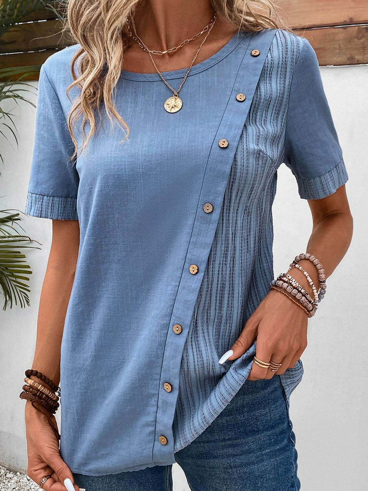 Casual Crew Neck Loose Color Block Shirt QR83 - fabuloryshop