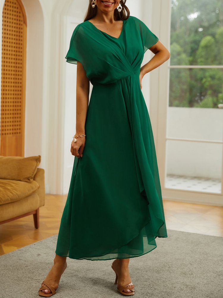 V Neck Elegant Chiffon Plain Dress WC98 - fabuloryshop