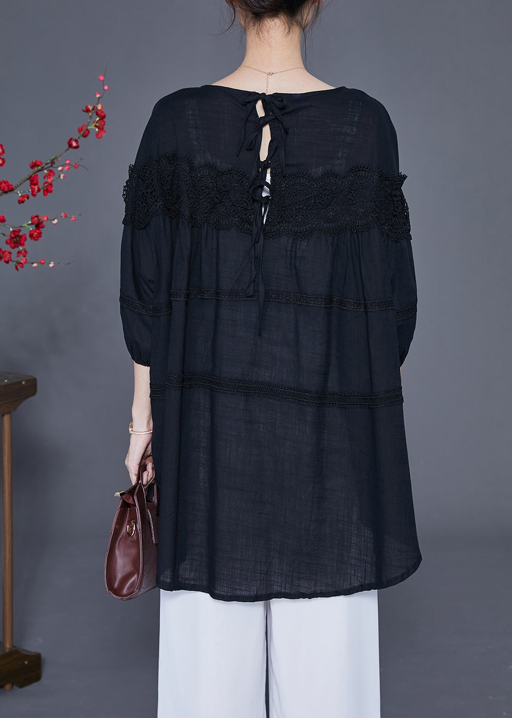 Art Black Oversized Patchwork Lace Linen Top Bracelet Sleeve LY2398 - fabuloryshop