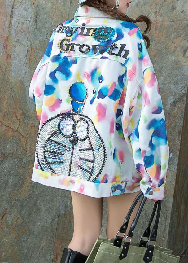 Art Blue Peter Pan Collar Zircon Print Patchwork Denim Coat Spring LY5216 - fabuloryshop