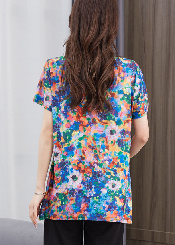 Art Floral O Neck Patchwork Cotton T Shirt Top Short Sleeve Ada Fashion