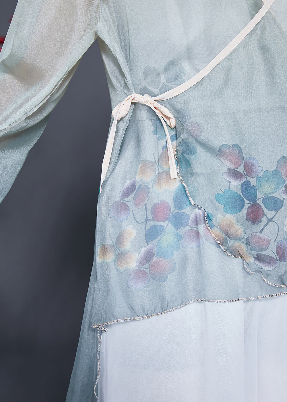 Art Grey Blue Print Lace Up Chiffon UPF 50+ Top Flare Sleeve LY3683 - fabuloryshop