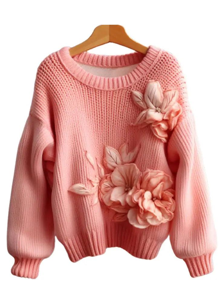Art Pink Floral Cozy Cotton Knit Sweaters Long Sleeve Ada Fashion